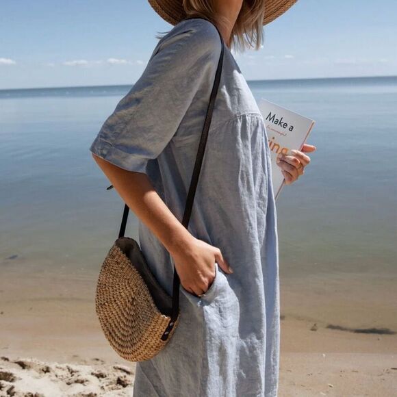 Sauths Light Blue Linen Kyoto Midi Dress Women 2XL Lagenlook Relaxed Oversized - Picture 4 of 11
